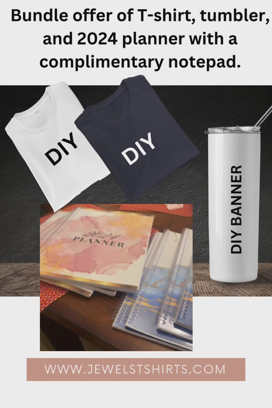 Bundle offer of T-shirt, tumbler, and 2025 planner with a complimentary notepad.